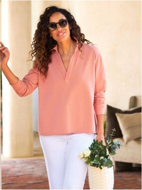 Frank & Eileen Patrick Popover Watermelon Polo-Style Long Sleeve Top Medium